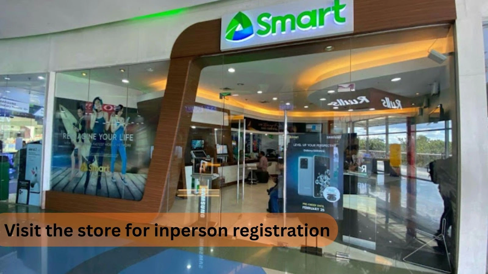 Glass storefront of a Smart store with a poster, display counters, and people inside for in-person TNT registration in the Philippines.