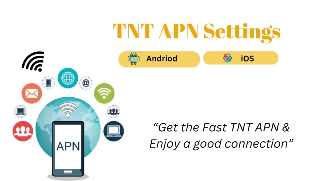 TNT APN settings image with Android and iOS options, smartphone, communication icons, and text Get the Fast TNT APN & Enjoy a good connection.