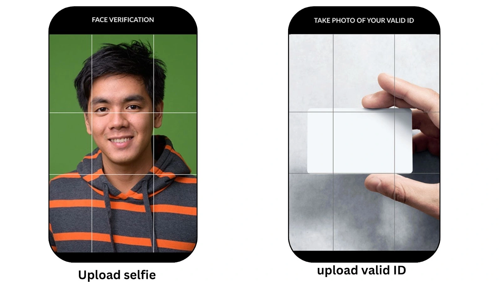 Two smartphone screens showing face and ID verification, left with a smiling Filipino man showing the registration selfie, right with a hand holding an ID card.