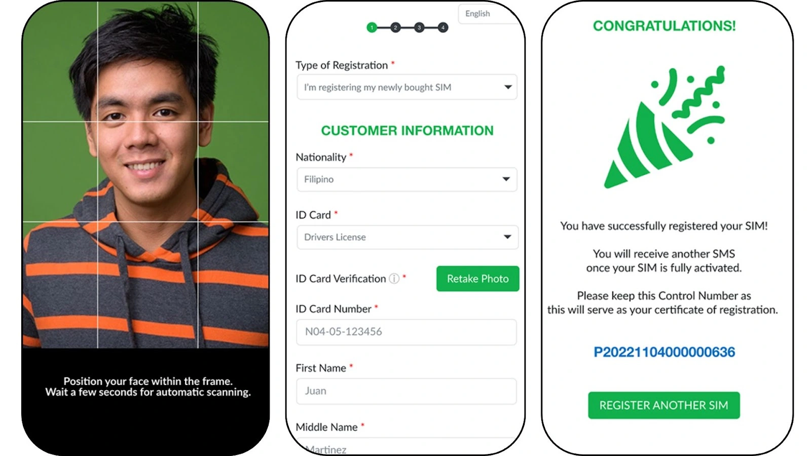 Three mobile screens for TNT SIM registration showing a Filipino’s face scanning, customer form, and confirmation message.
