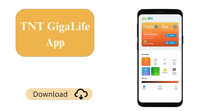 TNT SIM App Download | Download the Latest Version of GigaLife App 1 Promotional image for the TNT GigaLife App showing a yellow download button and the app interface displayed on a smartphone screen