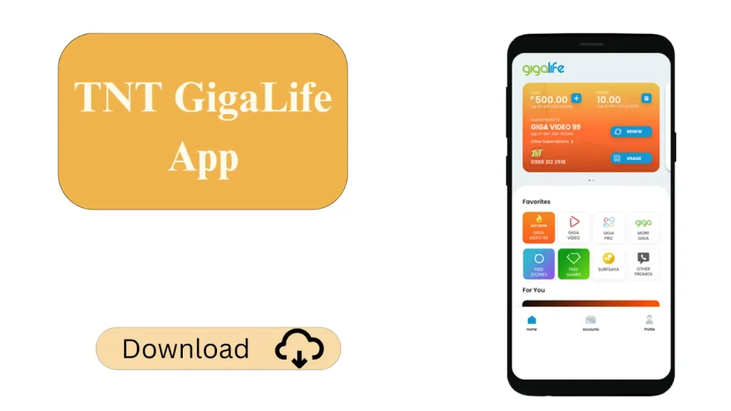 TNT SIM App Download | Download the Latest Version of GigaLife App 1 TNT GigaLife App banner showing a yellow download button and the app on a smartphone screen.