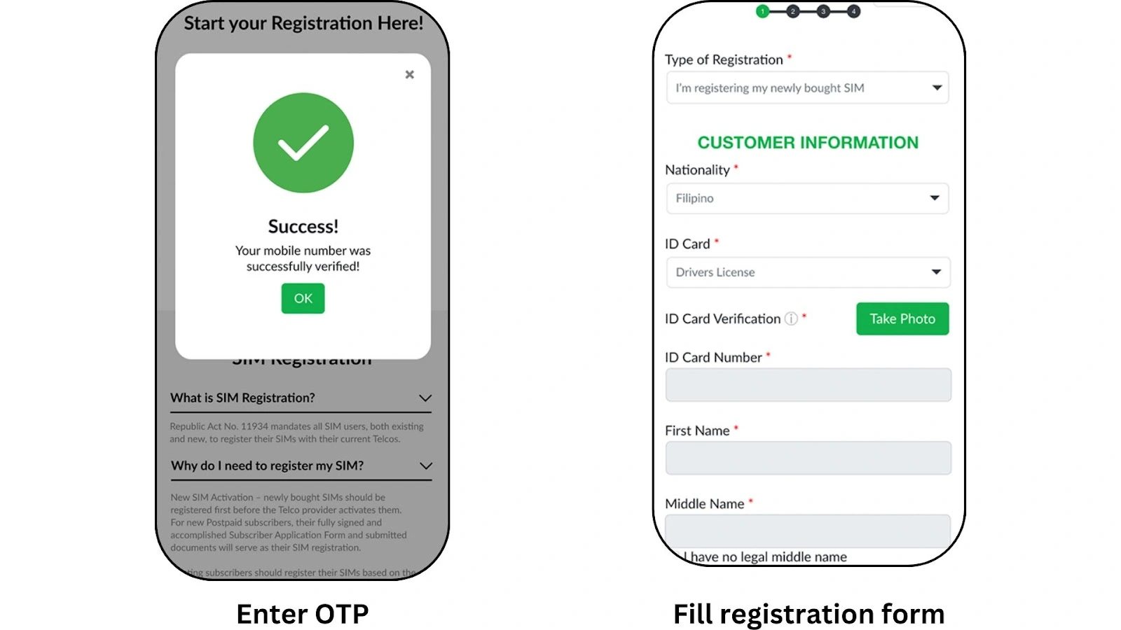 Left screen shows mobile number success message, right screen shows customer information form with registration details.