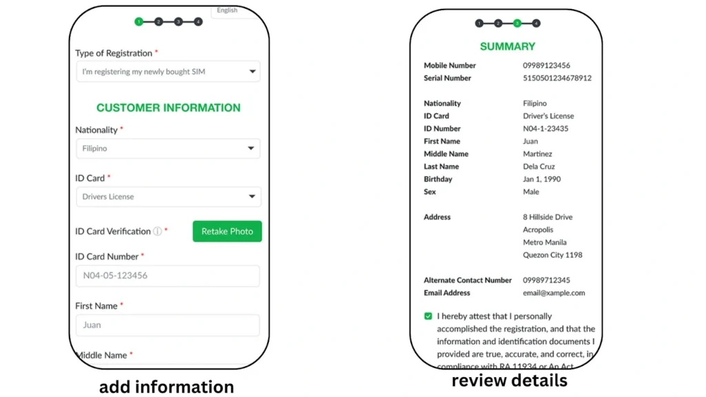 Left smartphone showing customer information form with registration type, right showing summary of Filipino personal details with confirmation checkbox.
