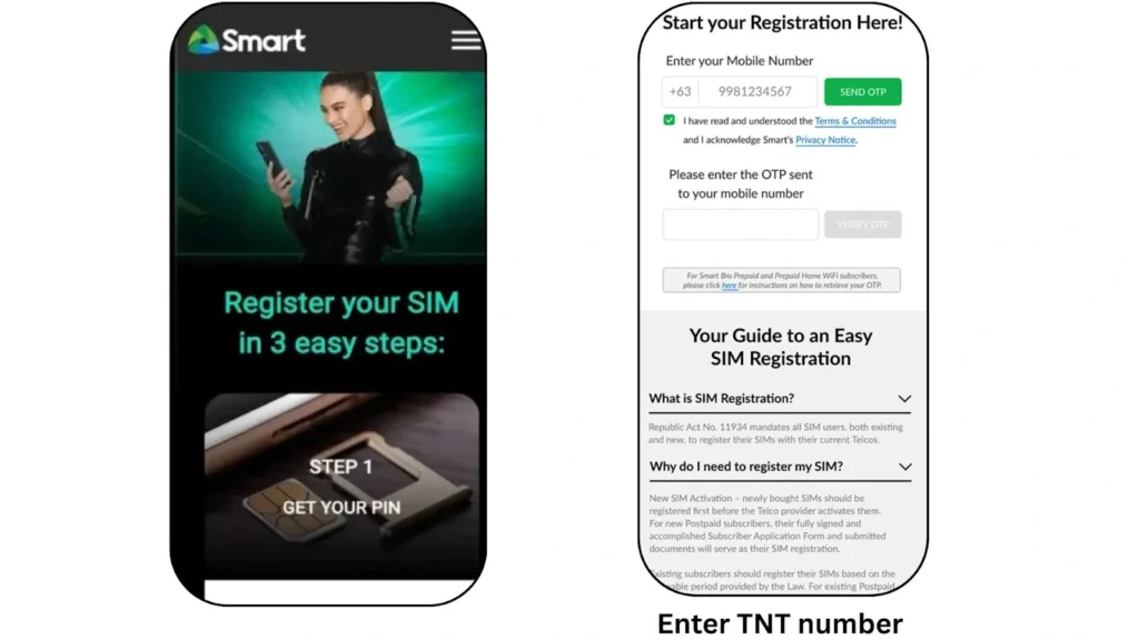Two mobile screens showing TNT SIM registration process, left with green ad background, right with white form for mobile number and OTP