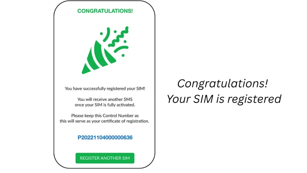 Mobile notification showing successful TNT SIM registration with congratulatory message and registration control number.
